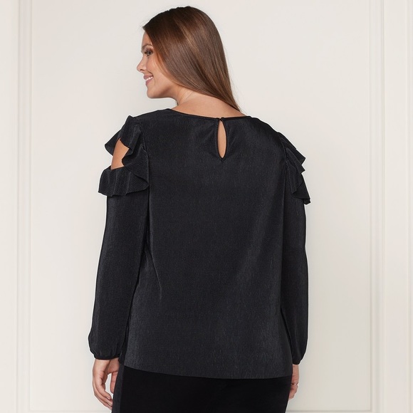 LC LAUREN CONRAD RUNWAY Top Ruffle Pleated Long Sleeves Black Small - Picture 2 of 4